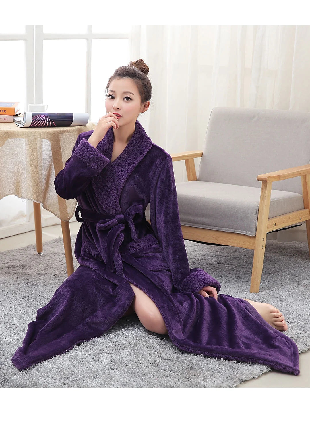 Plush Robes for Women Soft Warm Fleece Bathrobe Ladies Long Comfy Spa Bath Robe Housecoat