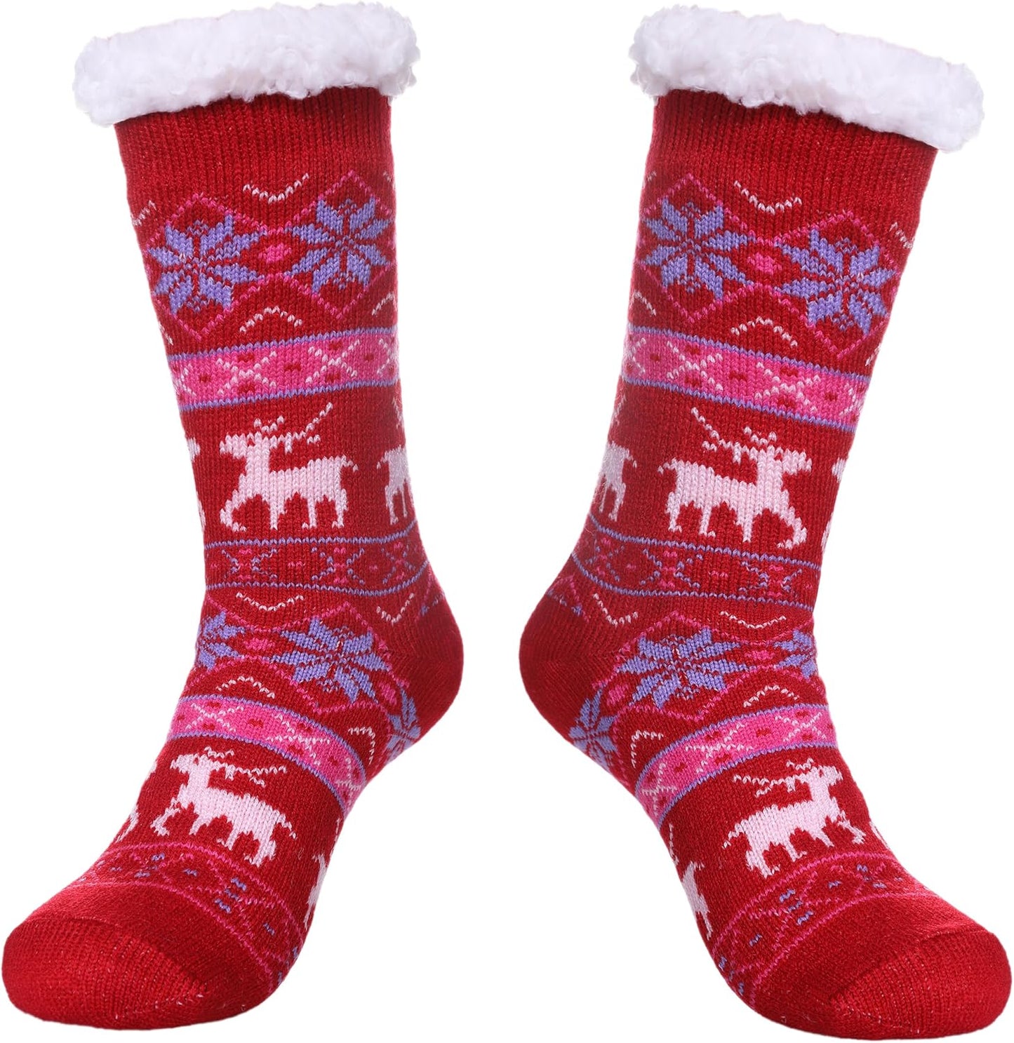 Women'S Winter Super Soft Warm Cozy Fuzzy Snowflake Deer Fleece-Lined with Grippers Slipper Socks